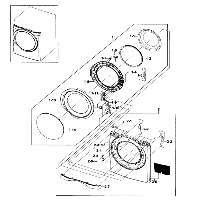 Front / Door Assembly Diagram and Parts List for DV511AER XAA-00 Samsung Dryer