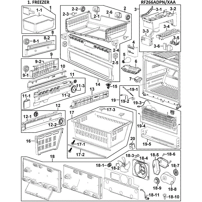 Freezer Diagram and Parts List for RF266ADPN XAA-00 Samsung Refrigerator