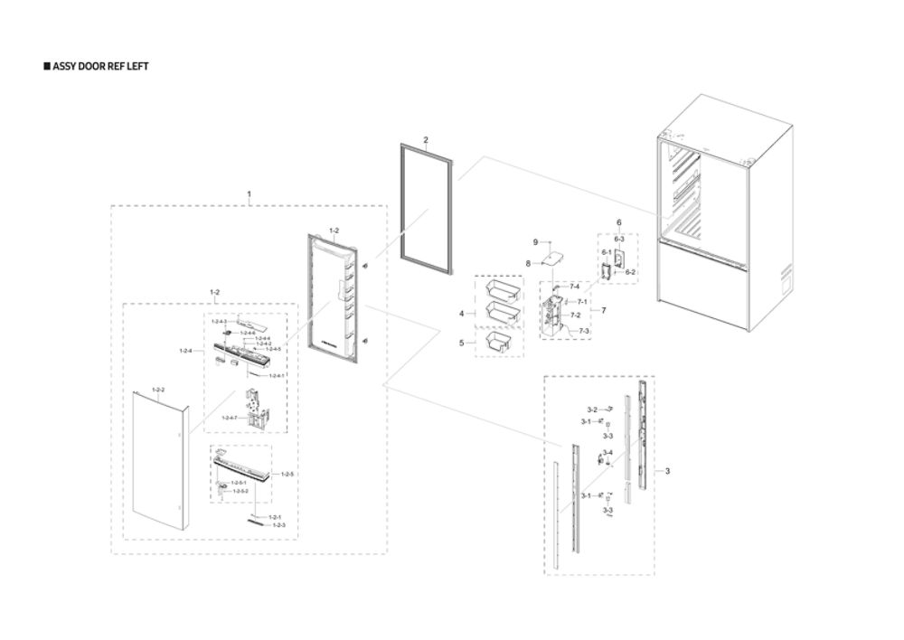 Left Refrigerator Door Parts Diagram and Parts List for RF28T5101WW AA-00 Samsung Refrigerator
