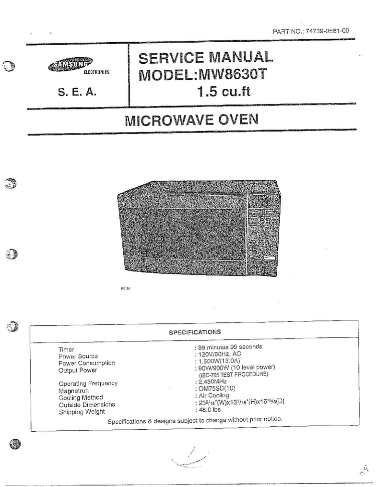 Front Page Diagram and Parts List for MW8630T XAA Samsung Microwave