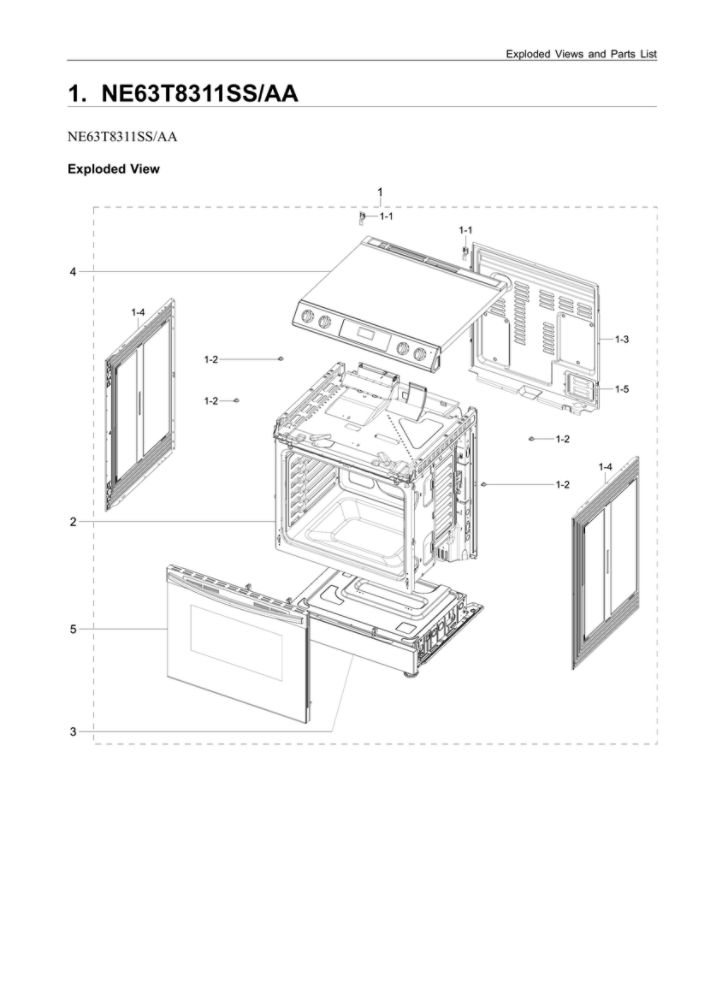 Main Assembly Diagram and Parts List for NE63T8311SS AA-03 Samsung Range