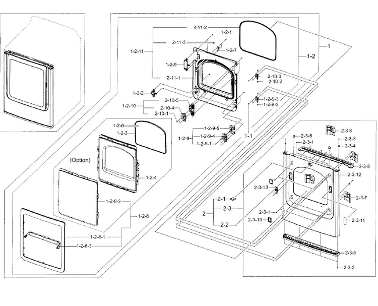 Frame Front & Door Diagram and Parts List for DV50F9A7EVW A2-0000 Samsung Dryer
