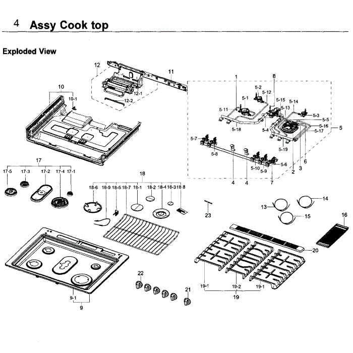 Cooktop Diagram and Parts List for NX58K9500WG AA-00 Samsung Range