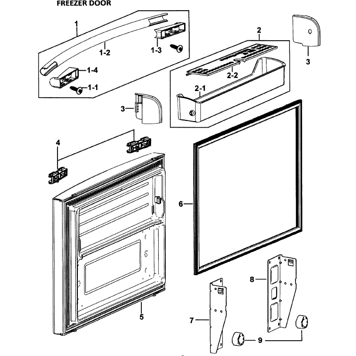 Freezer Door Diagram and Parts List for RF265AASH XAA-00 Samsung Refrigerator