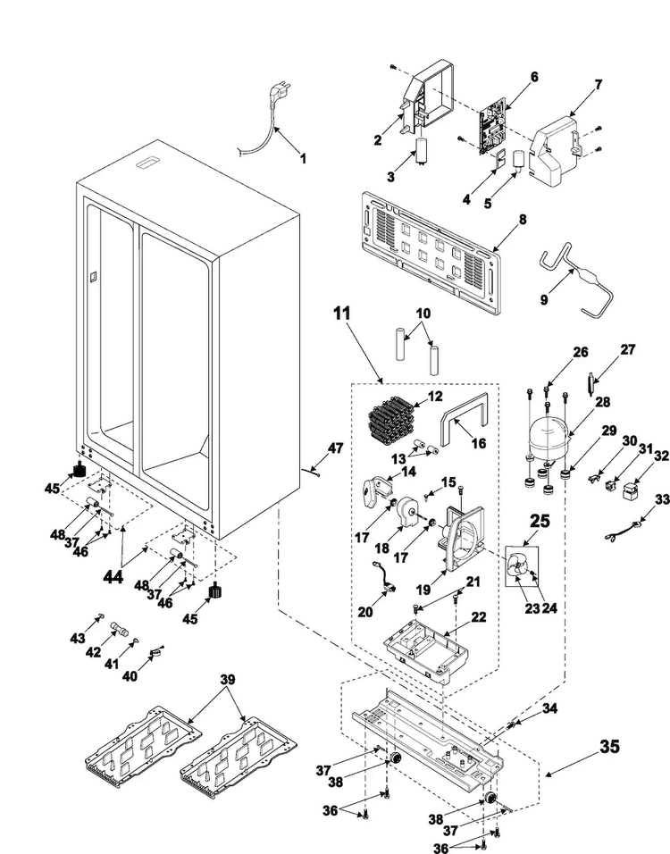 Machine Compartment & Cabinet Back Diagram and Parts List for RS2533VQ XAA Samsung Refrigerator