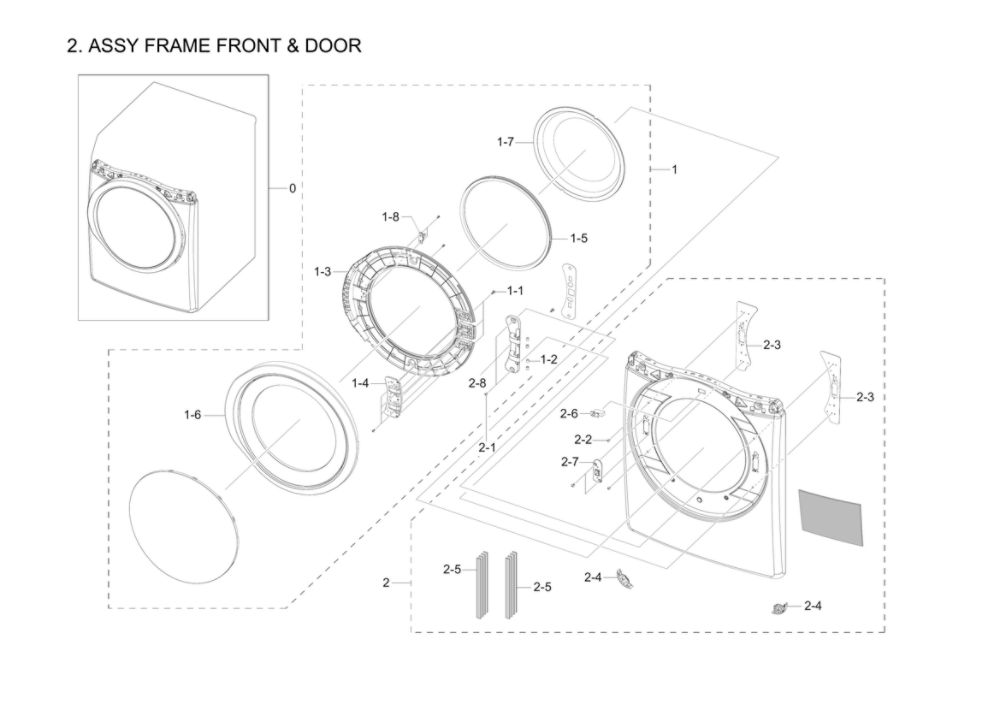 Front Frame And Door Assembly Diagram and Parts List for DV42H5200EP A3-03 Samsung Dryer