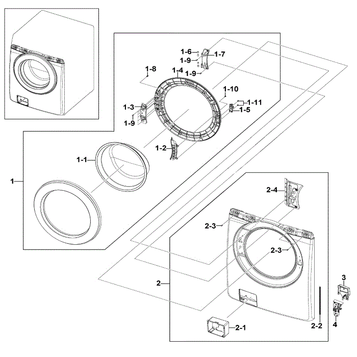 Frame Front And Door Diagram and Parts List for WF220ANW XAA-01 Samsung Washer