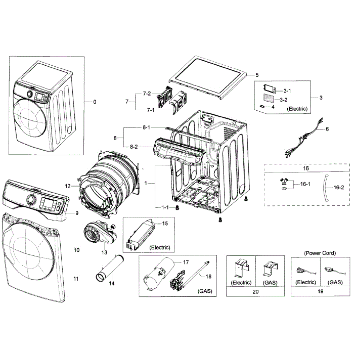 Main Assembly Diagram and Parts List for DV50K7500GV A3-01 Samsung Dryer