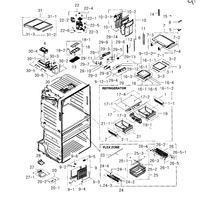 Refrigerator Diagram and Parts List for RF25HMEDBSR AA-03 Samsung Refrigerator