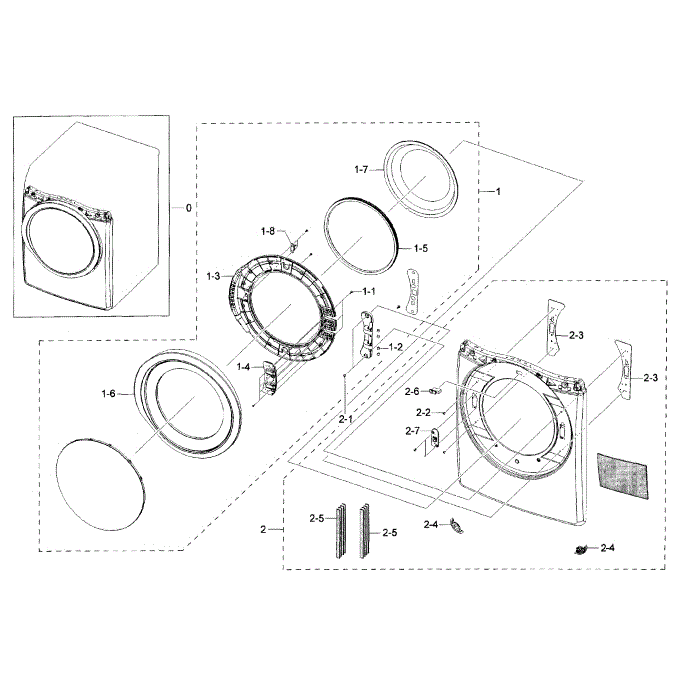 Frame Front And Door Diagram and Parts List for DV42H5200GW A3-00 Samsung Dryer