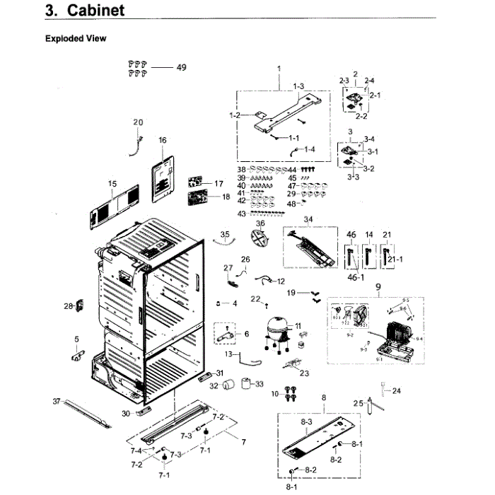 Cabinet Diagram and Parts List for RF263BEAESR AA-02 Samsung Refrigerator