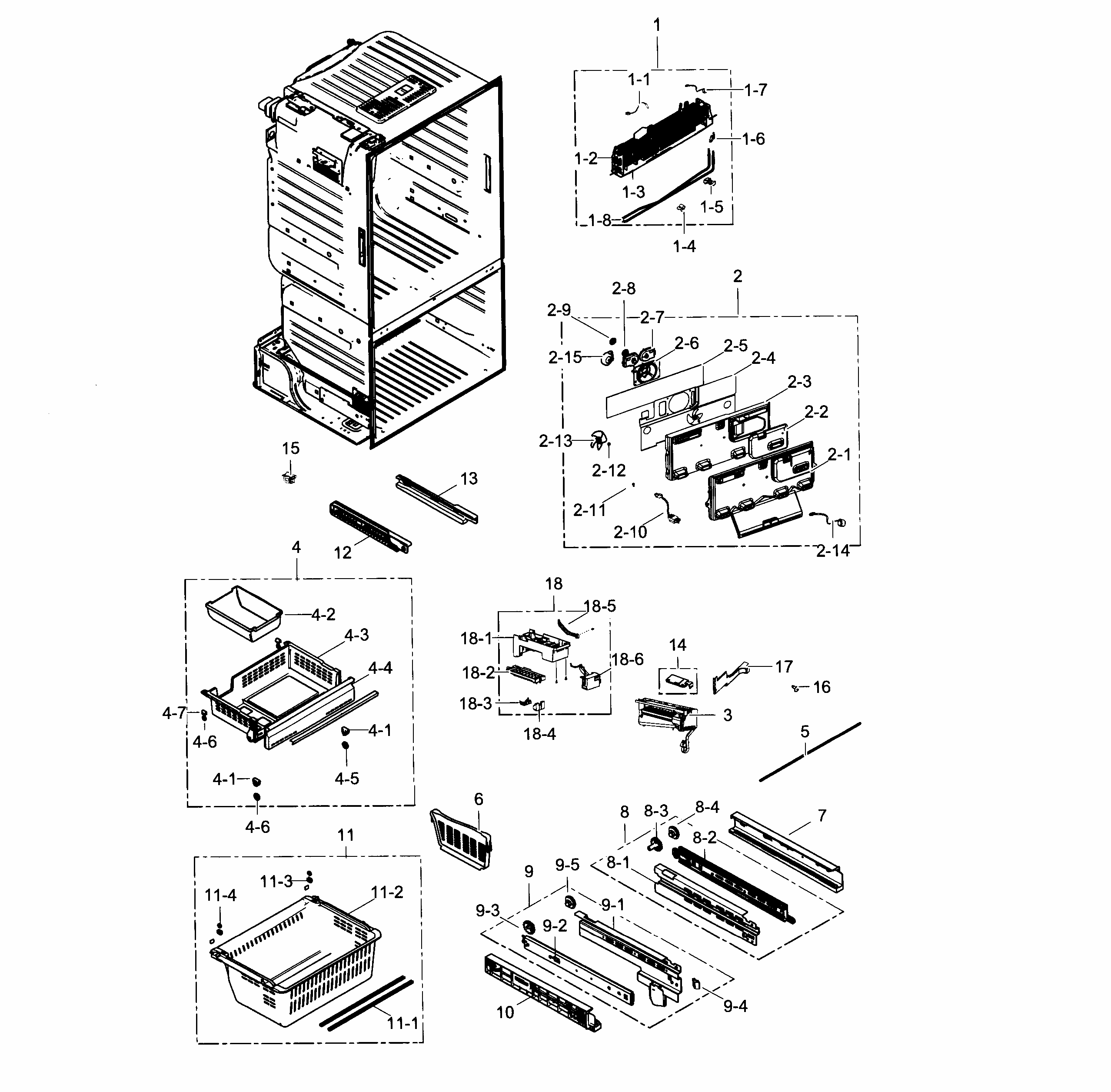 Freezer Diagram and Parts List for RF263TEAEWW AA-0001 Samsung Refrigerator