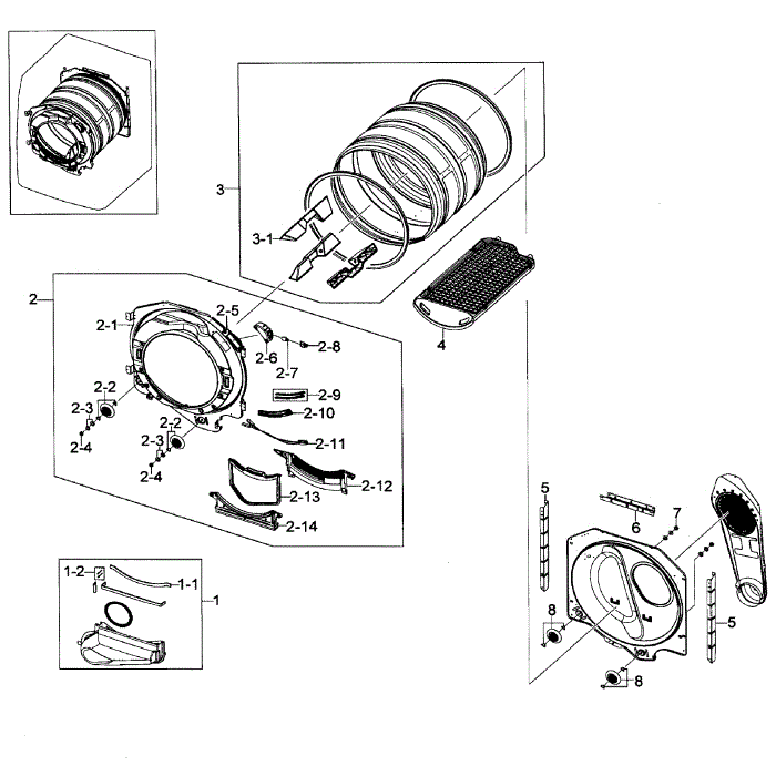 Drum Assembly Diagram and Parts List for DV448AEE XAA-01 Samsung Dryer