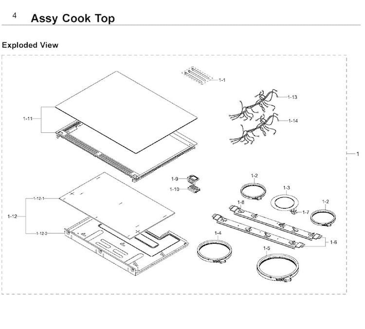 Cooktop Diagram and Parts List for NE58K9500SG AA-0001 Samsung Range