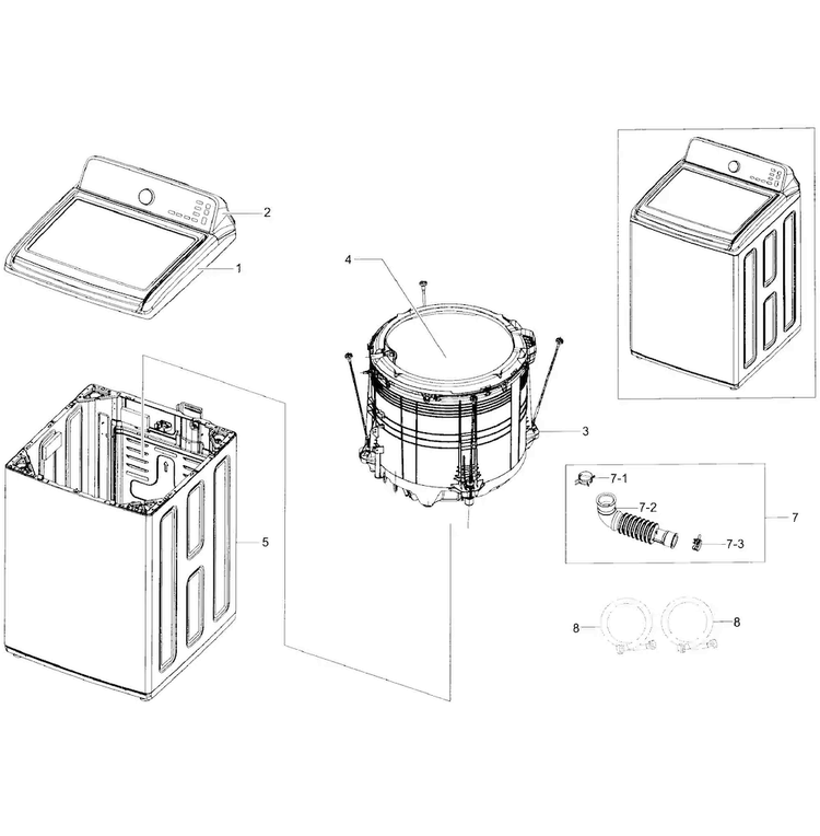 Main Asy Diagram and Parts List for WA56H9000AP A2-0001 Samsung Washer