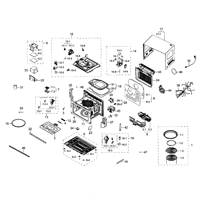 Main Section Diagram and Parts List for MC12J8035CT AA-00 Samsung Microwave Oven Combo