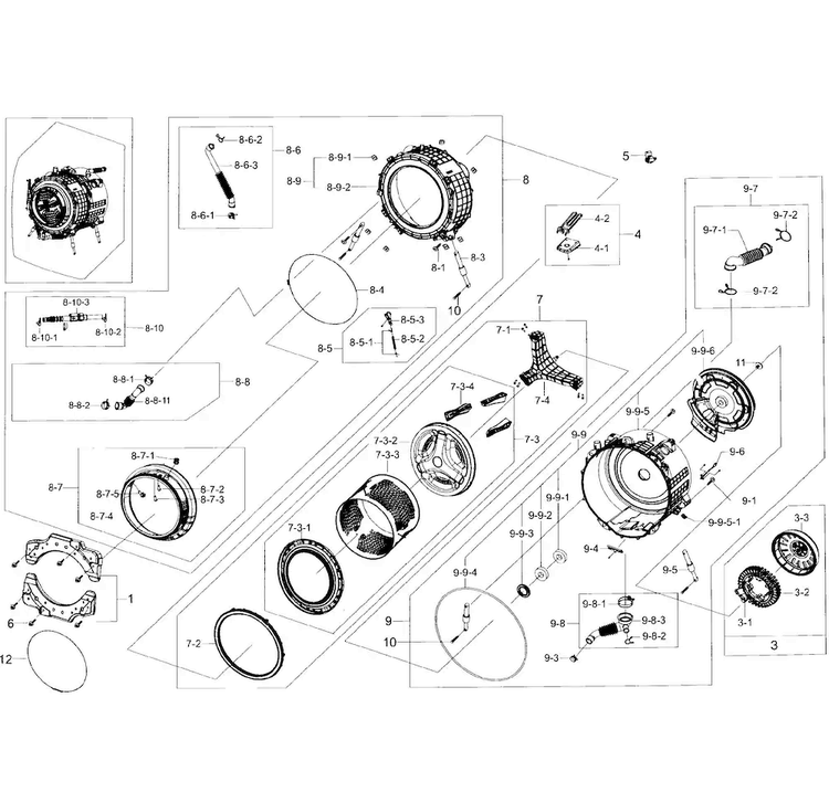 Tub Parts Diagram and Parts List for WF56H9100AW A2-0001 Samsung Washer