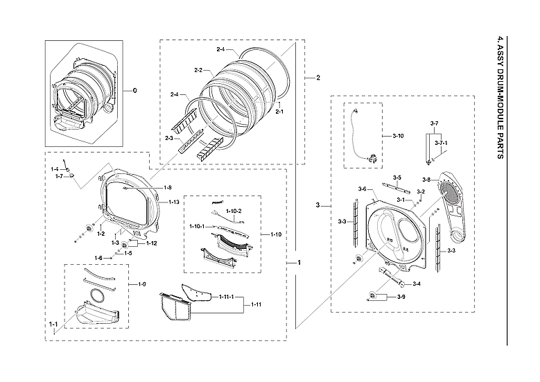 Drum-Module Assembly Diagram and Parts List for DVE52A5500C A3-00 Samsung Dryer