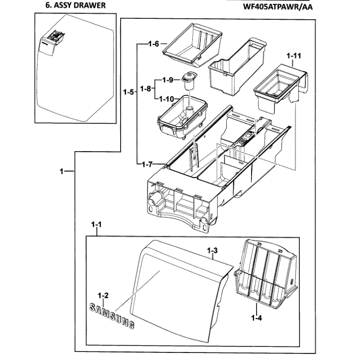 Drawer Assembly Diagram and Parts List for WF405ATPAWR AA-00 Samsung Washer