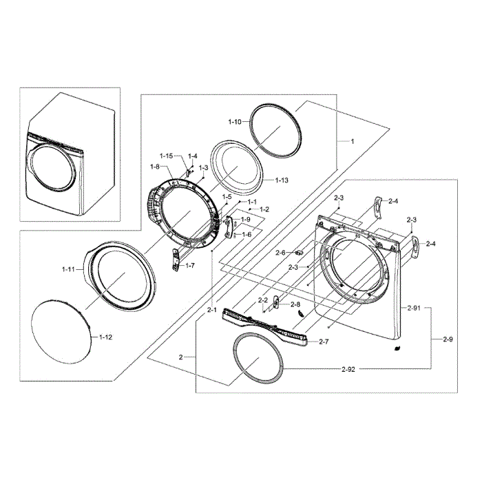 Frame Front And Door Diagram and Parts List for DV405GTPAWR AA-02 Samsung Dryer