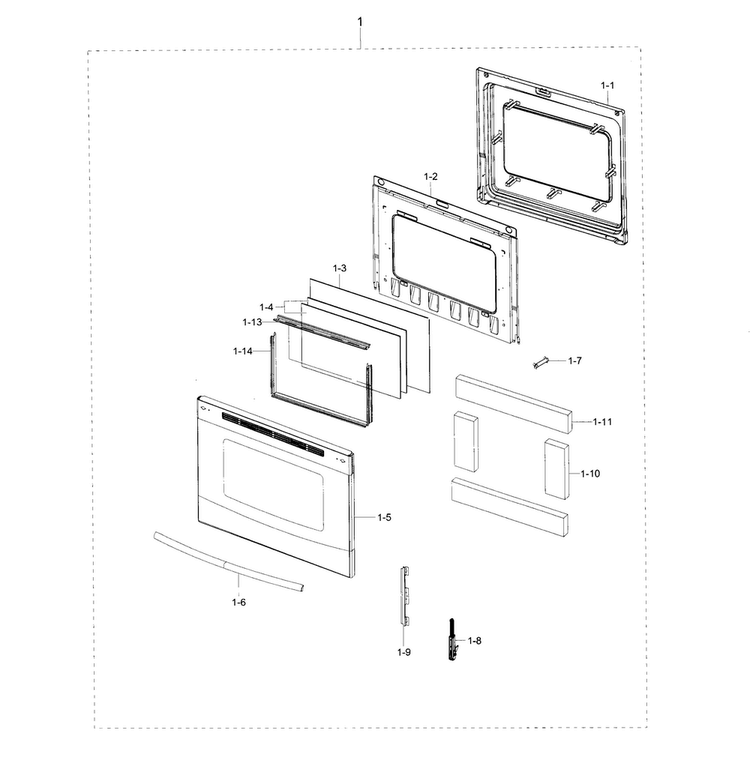 Door Diagram and Parts List for NE59J3420SS AA-0001 Samsung Range