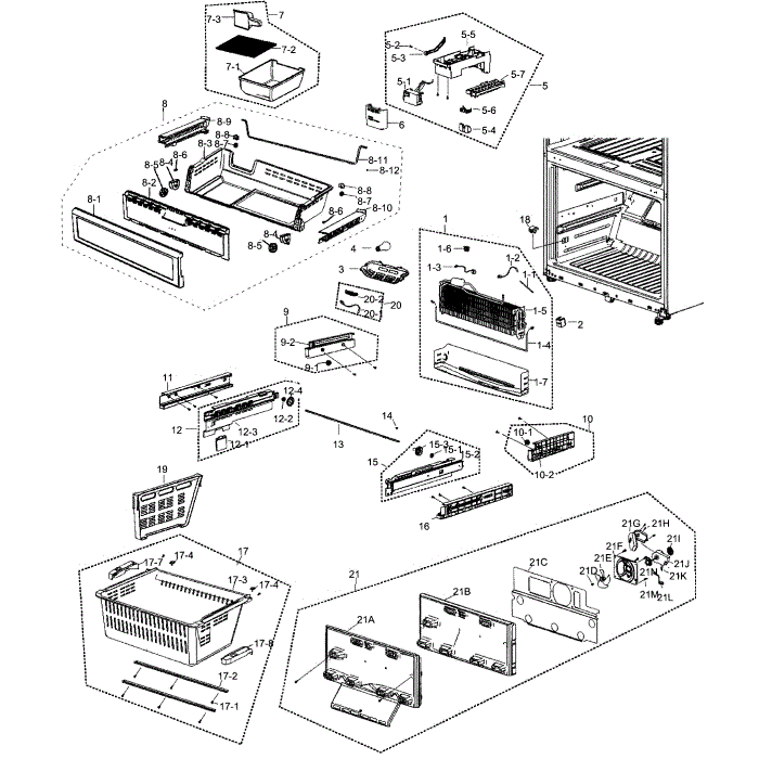 Freezer Assembly Diagram and Parts List for RF266AEBP XAA-00 Samsung Refrigerator