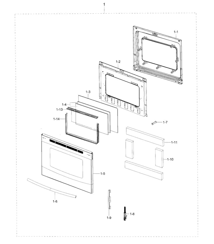 Door Diagram and Parts List for NE59J3421SS AA-0001 Samsung Range