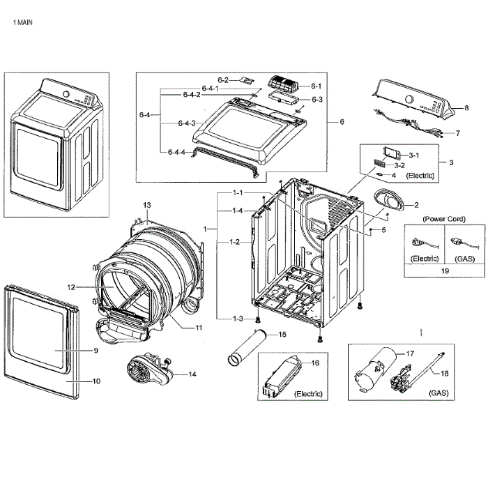 Main Assembly Diagram and Parts List for DV48J7700EW A2-02 Samsung Dryer