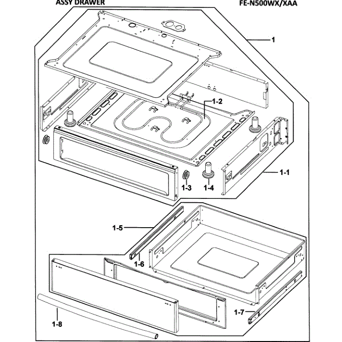 Drawer Assembly Diagram and Parts List for FE-N500WX XAA-00 Samsung Range