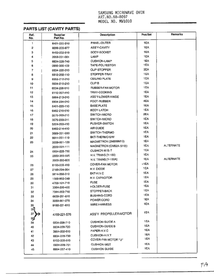 Complete Microwave Assembly Page 4 Diagram and Parts List for MW1010 XAA Samsung Microwave