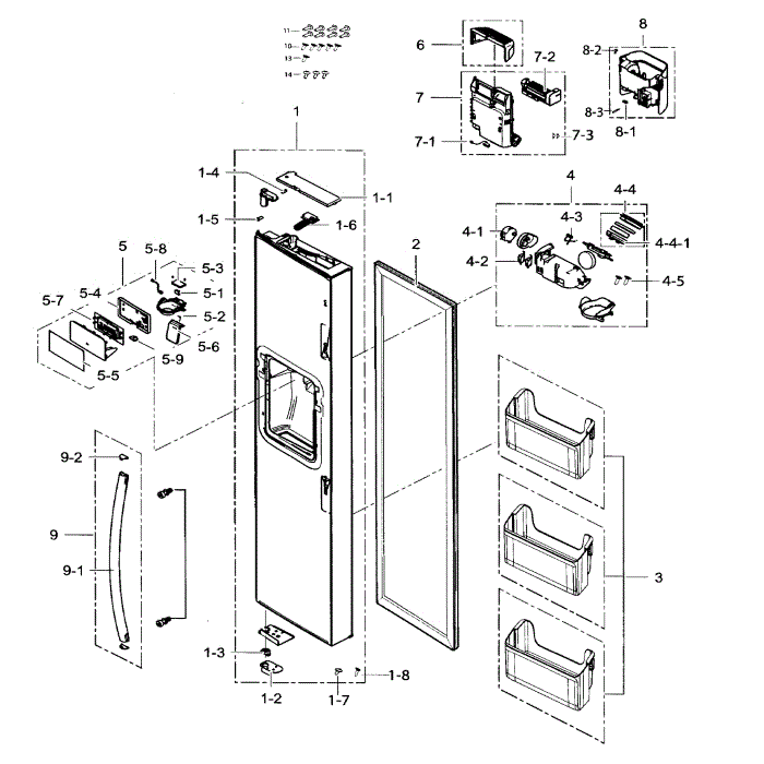 Left Door Diagram and Parts List for RH25H5611SR AA-01 Samsung Refrigerator