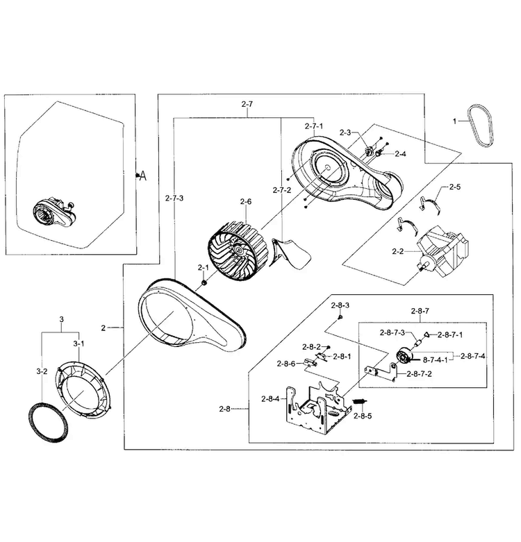 Motor Duct Diagram and Parts List for DV435GTGJRA A1-0001 Samsung Dryer