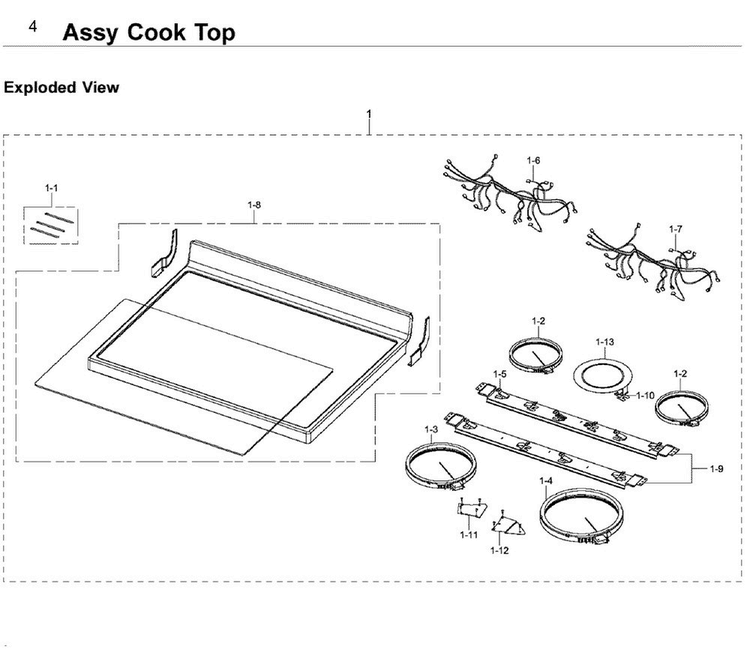 Cooktop Diagram and Parts List for NE59J3420SW AA-0007 Samsung Range