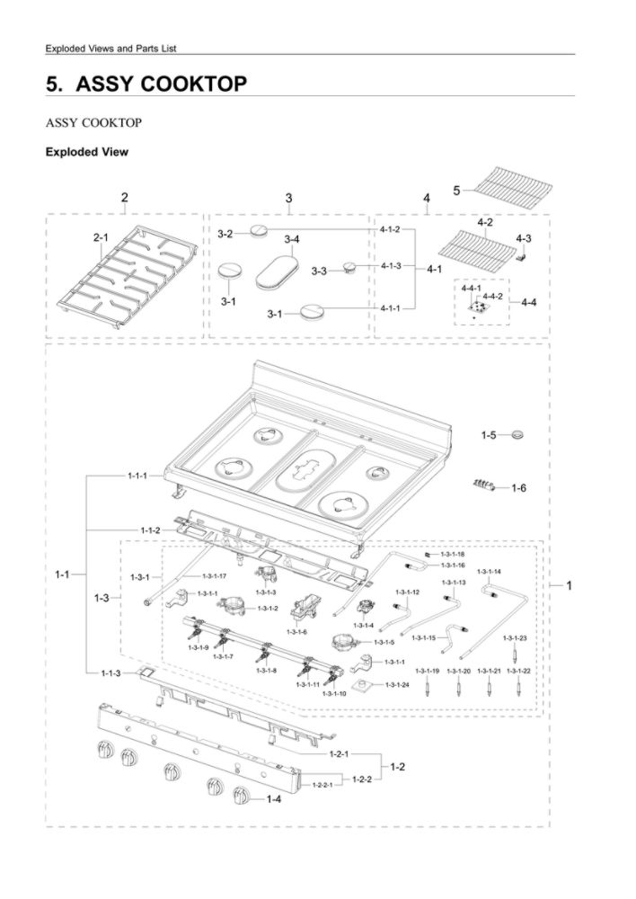 Cooktop Assembly Diagram and Parts List for NX60A6111SB AA-00 Samsung Range