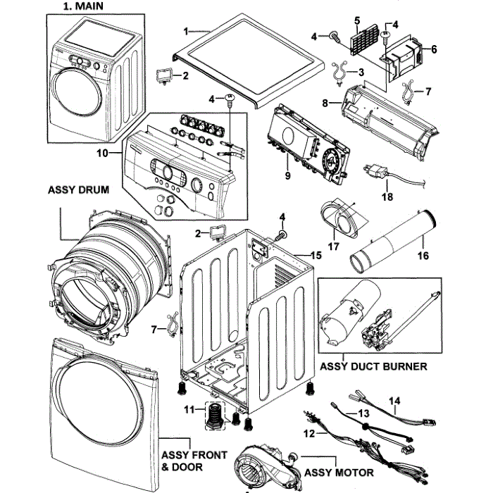 Main Assembly Diagram and Parts List for DV337AGL XAA-00 Samsung Dryer