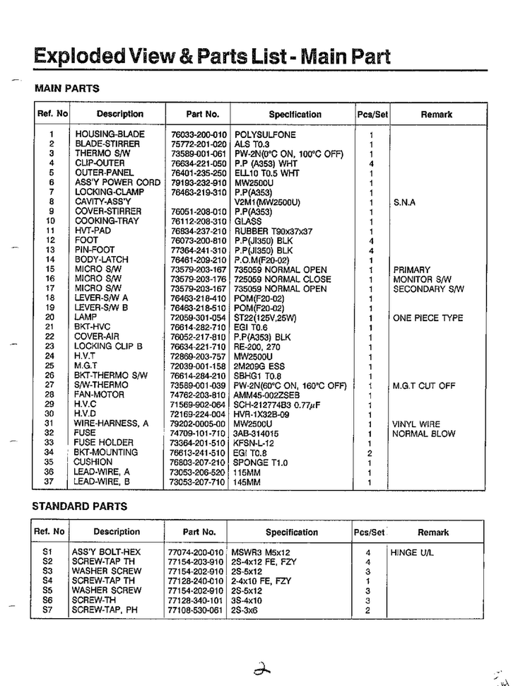 Exploded View And Parts Lists-main Part Page 2 Diagram and Parts List for MW2000U XAA Samsung Microwave
