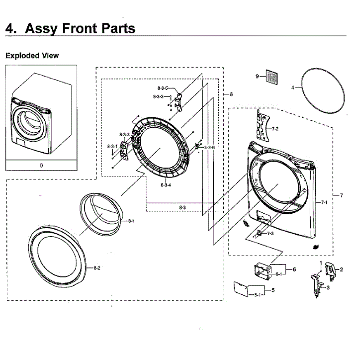 Front Diagram and Parts List for WF45M5100AW A5-11 Samsung Washer