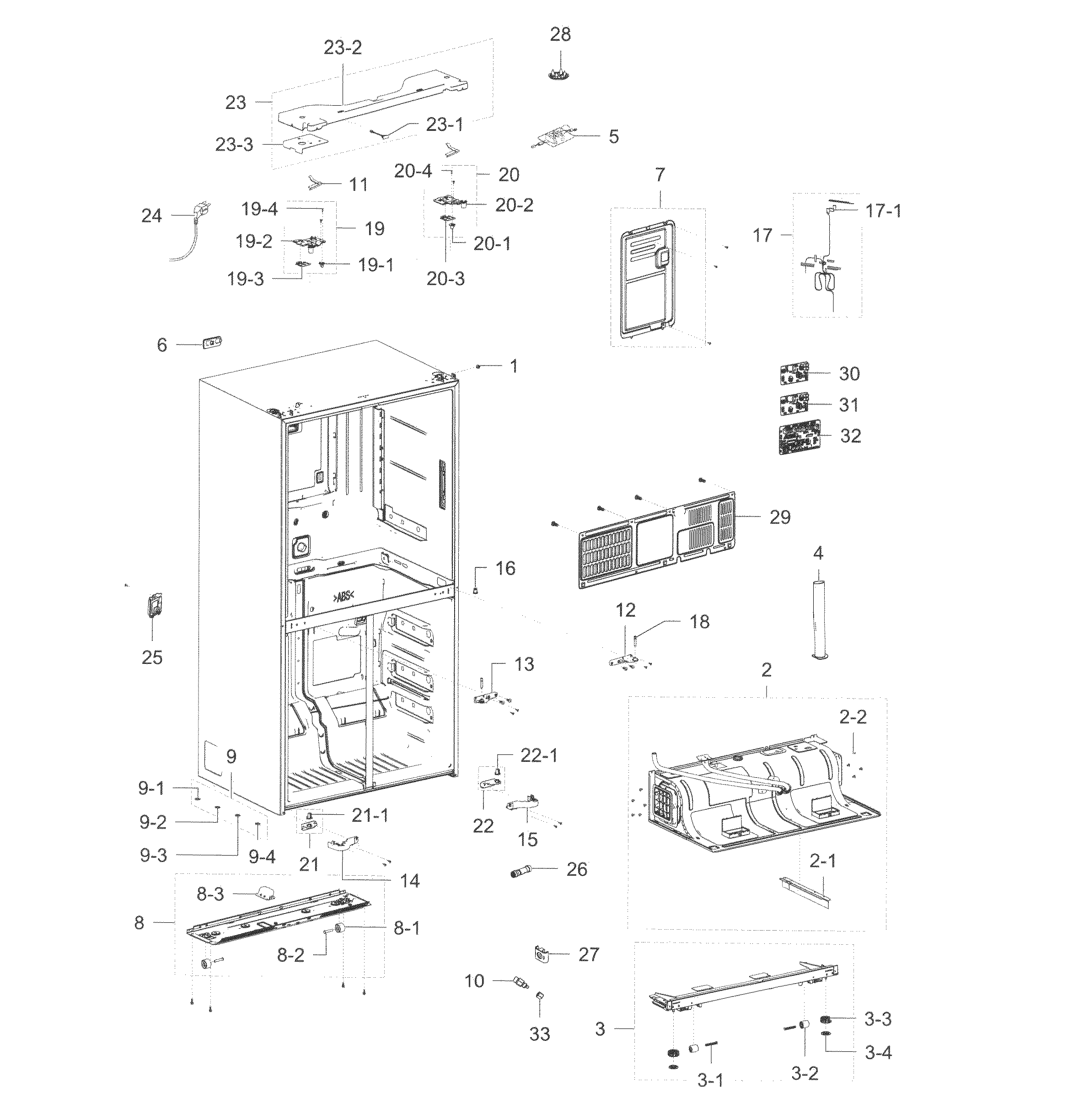 Cabinet Diagram and Parts List for RF23J9011SG AA-0004 Samsung Refrigerator