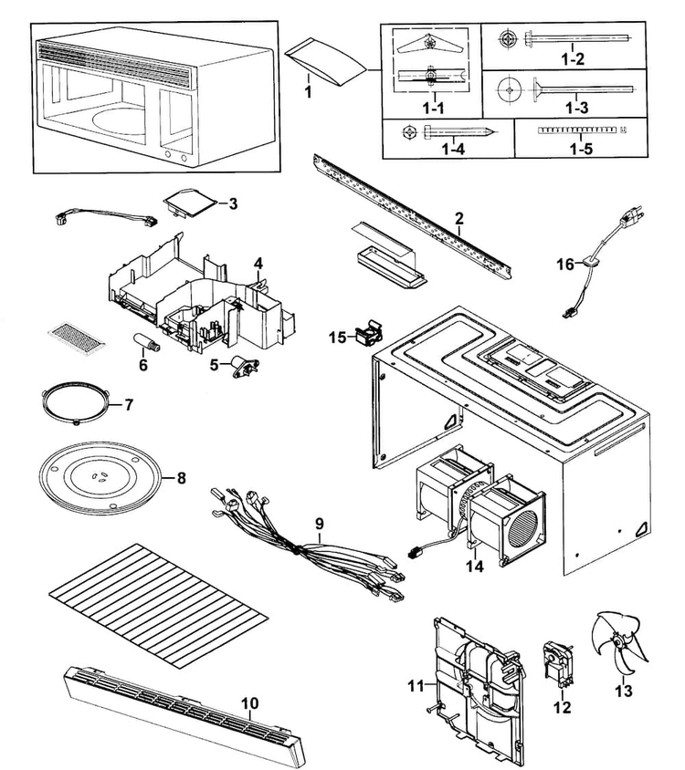 Cabinet 1 Diagram and Parts List for SMH9151W XAA-0000 Samsung Microwave