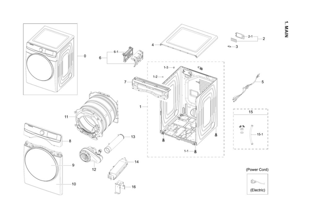 Main Parts Assembly Diagram and Parts List for DVE45B6300W A3-00 Samsung Dryer