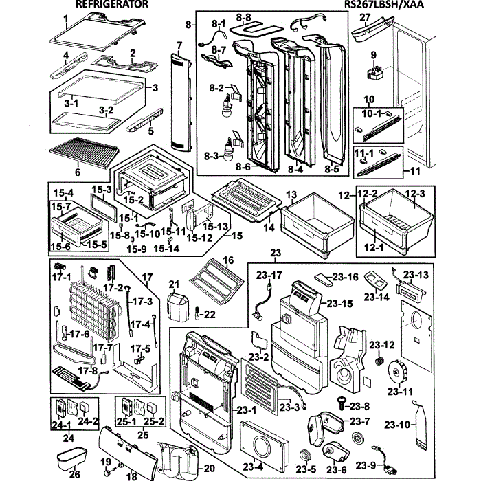 Refrigerator Diagram and Parts List for RS267LBSH XAA-00 Samsung Refrigerator
