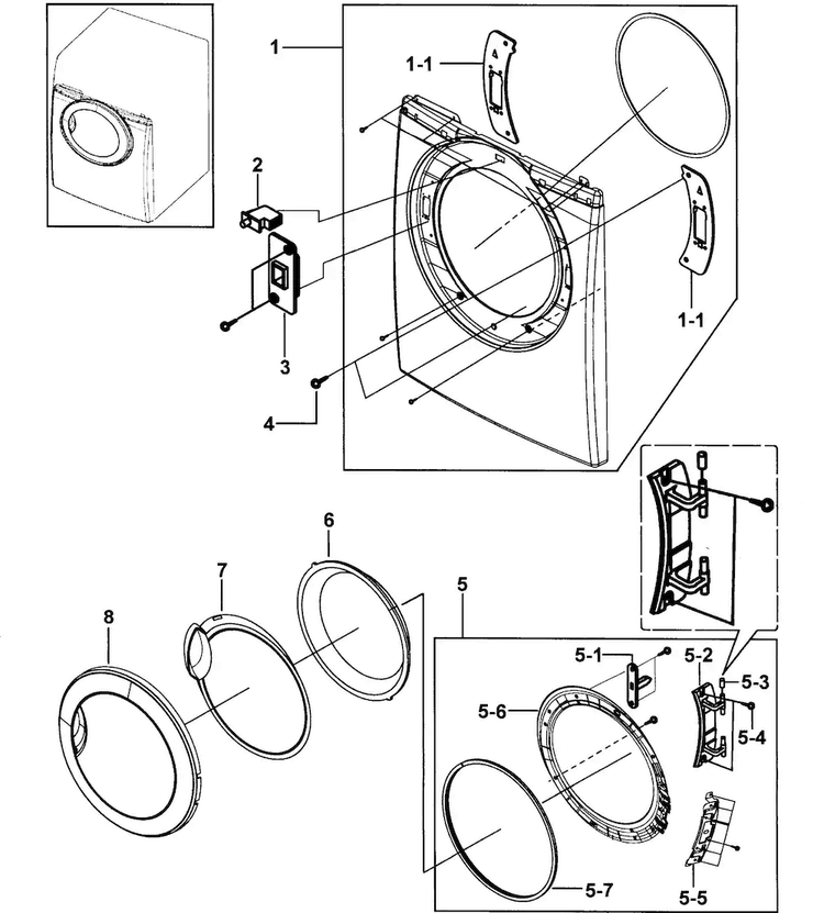Front Assy Diagram and Parts List for DV317AGS XAA-0000 Samsung Dryer