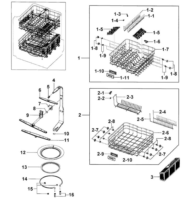 Baskets Diagram and Parts List for DMR57LFS XAA-0000 Samsung Dishwasher
