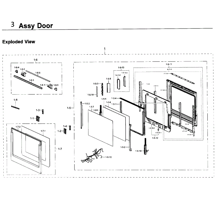 Door Diagram and Parts List for NV51K6650SS AA-00 Samsung Wall Oven