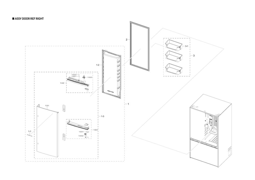 Right Refrigerator Door Parts Diagram and Parts List for RF28T5101WW AA-00 Samsung Refrigerator