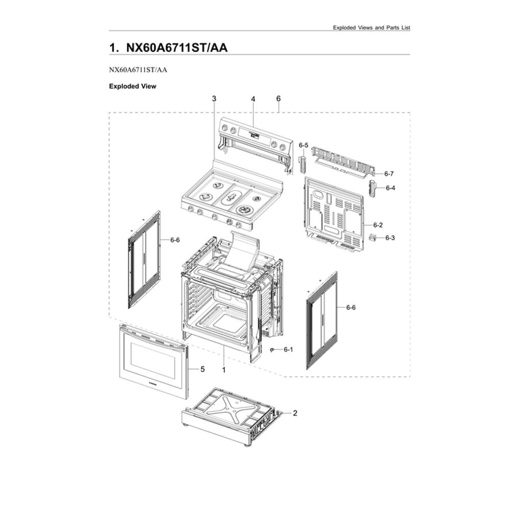 Main Assembly Diagram and Parts List for NX60A6711ST AA-00 Samsung Range