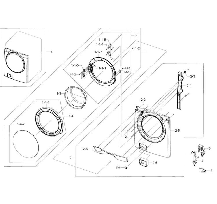 Front Assy Diagram and Parts List for WF405ATPAWR A2-0000 Samsung Washer