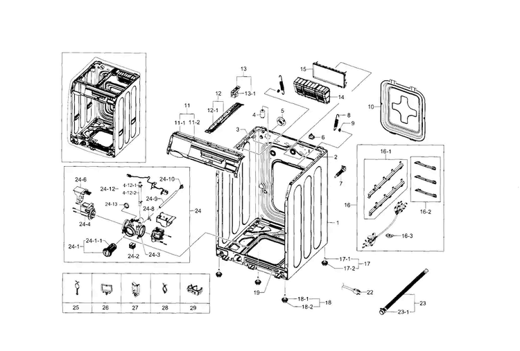Frame & Cover Diagram and Parts List for WF448AAW XAA-0005 Samsung Washer