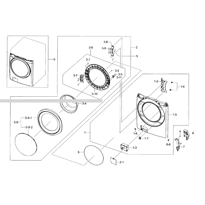 Frame Front And Door Diagram and Parts List for WF42H5600AP A2-00 Samsung Washer