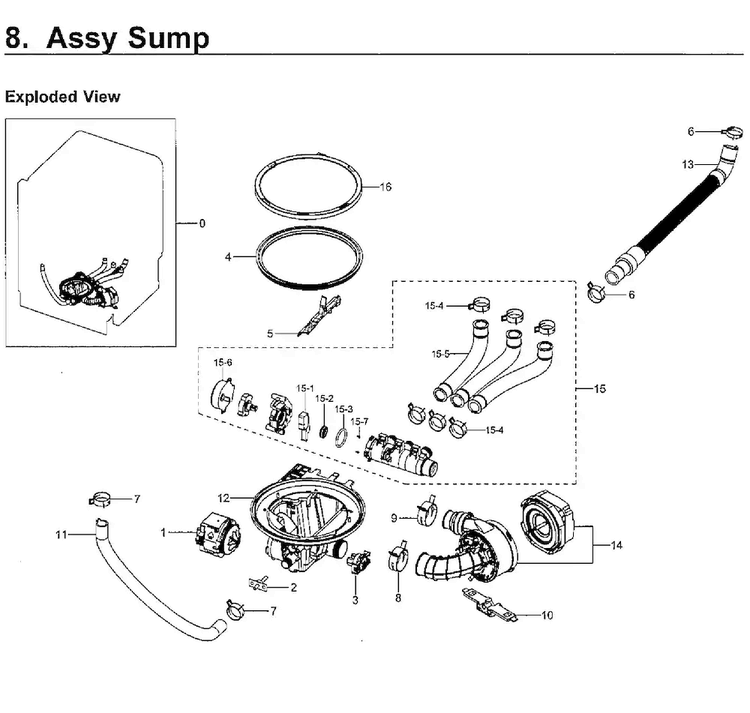 Sump Diagram and Parts List for DW80H9970US AA-0002 Samsung Dishwasher